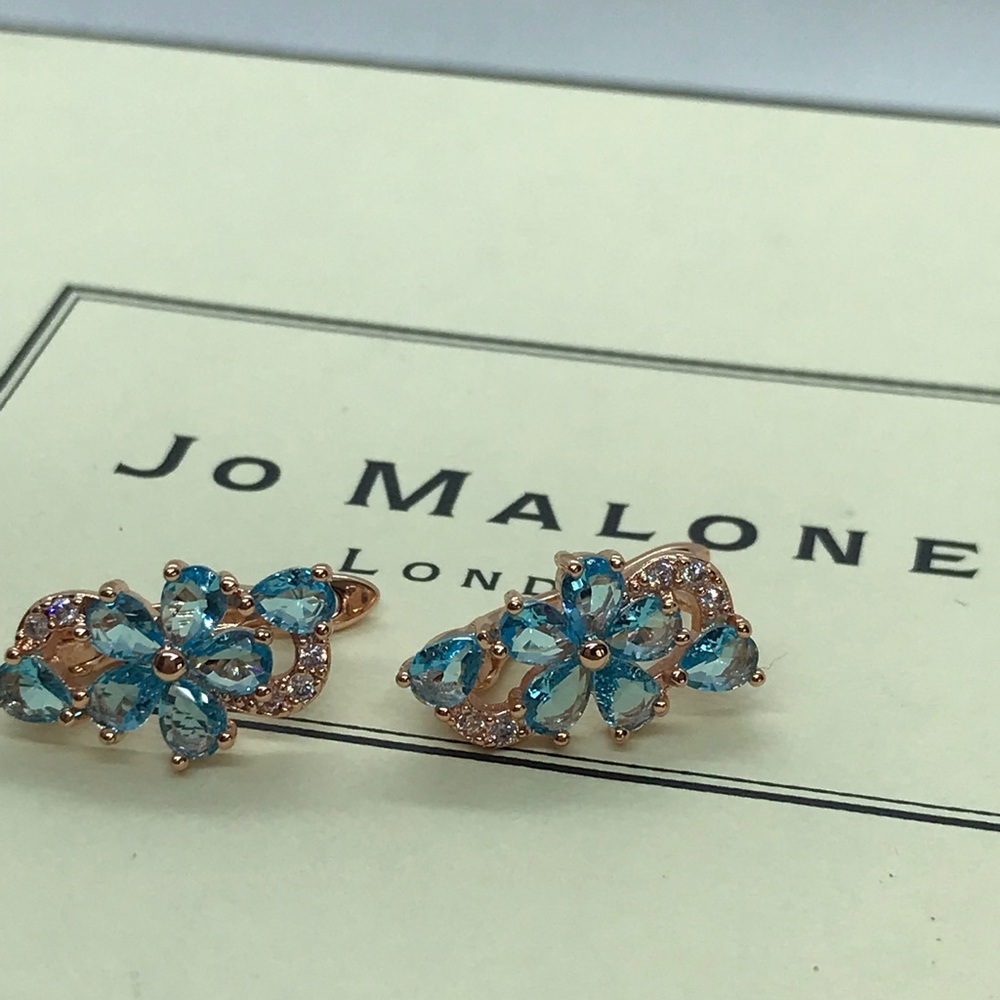 Gold Plated Blue Cubic Zircon Flower Earrings - Picture 2 of 5